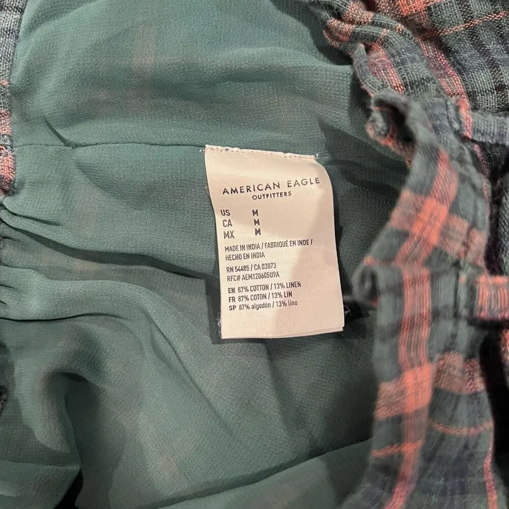 American Eagle‎ Womens Green Plaid Linen Blend Tie Shorts Sz M Heritage Academia